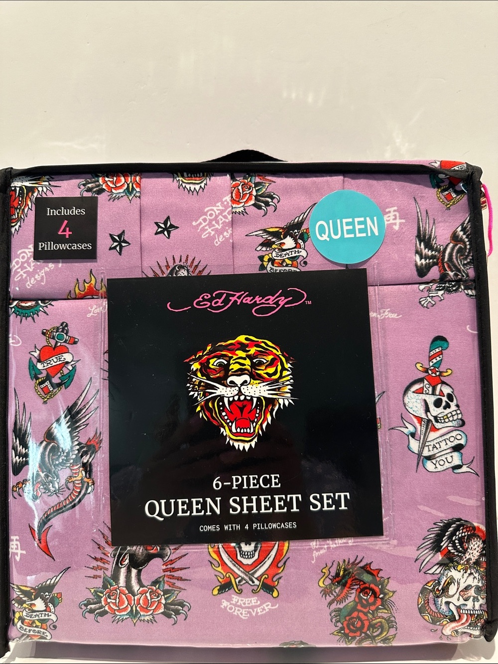 NWT Ed Hardy Tatto Collection 6 Piece Queen Sheet Set with 4 Pillowcases.